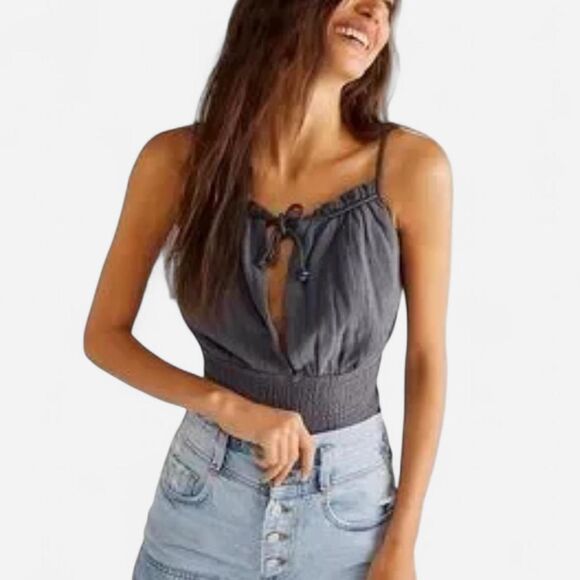 Jen’s Pirate Booty x Free People Love Street Charcoal Ruched Boho Top cotton S - Picture 3 of 7